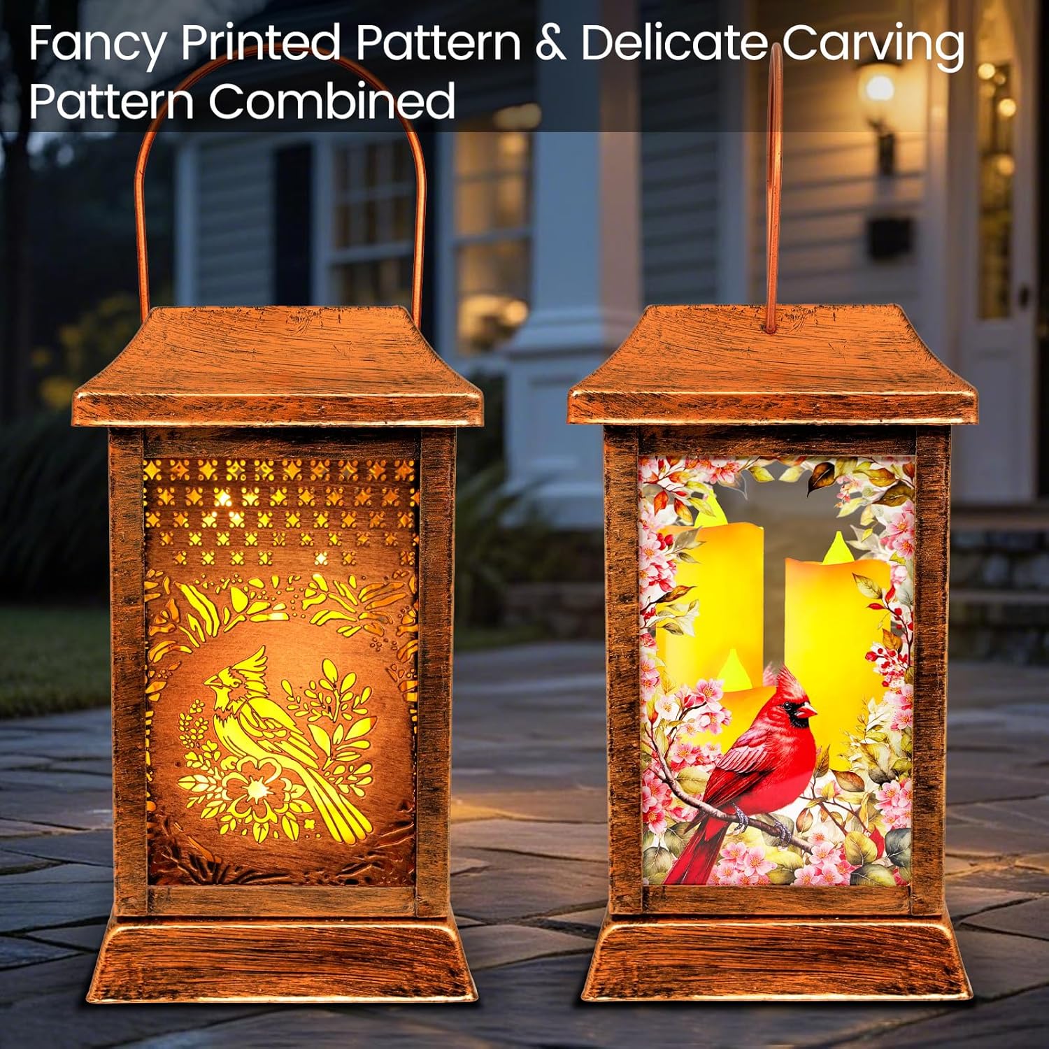 Cardinal Solar Lanterns Outdoor Hanging Lanterns, Metal Glass Garden Decor Solar Lights, Gifts for Women Mom Birthday Grandma Mothers Day, Waterproof Decorative Lantern for Outside Patio Yard-VerdiqueGarden
