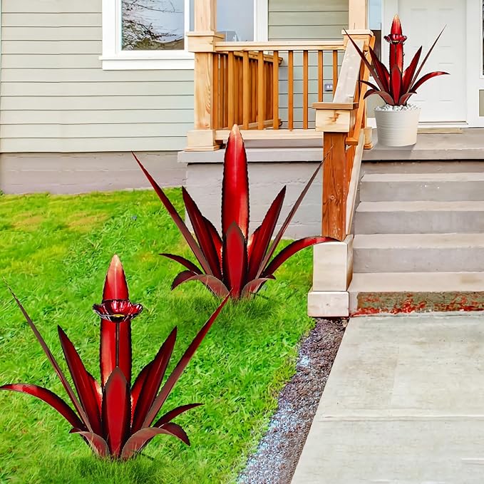 Upgraded Large Metal Yard Art, Metal Agave Plant Yard Decorations Outdoor Sculpture, Metal Flowers for Outside, Waterproof Outdoor Garden Decor (Red + Bird Feeder)-VerdiqueGarden