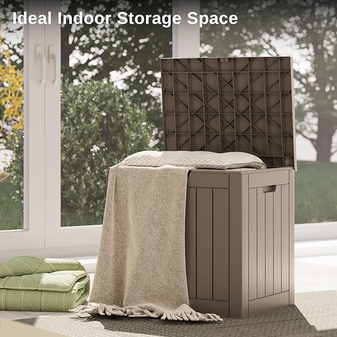 EAST OAK Outdoor Storage Box, 31 Gallon Deck Box, Waterproof Resin Storage Bin for Patio Cushions, Gardening Tools, Accessories, Lockable, UV Resistant, Brown-VerdiqueGarden