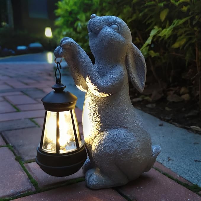 Rabbit Solar Garden Statues,Resin Rabbit Figurine Decorations with Solar Lights Lantern, Outdoor Figurines Lawn Garden Statue Decor Art for Lawn,Yard, Balcony Ornament.-VerdiqueGarden