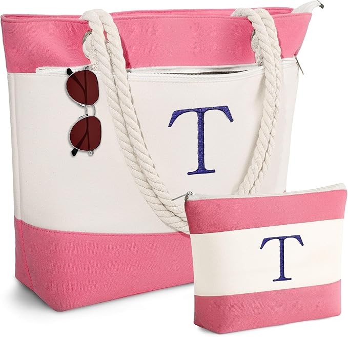 YOOLIFE Beach Bags for Women - Initial Tote Waterproof Bag with Makeup Bag, Mothers Day Gifts for Women Mom Friend Birthday-VerdiqueGarden