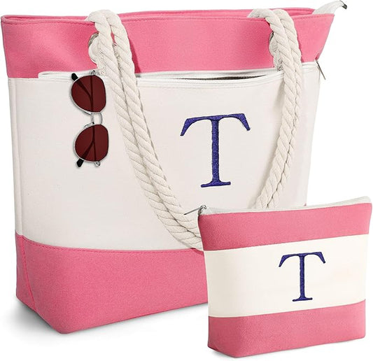 YOOLIFE Beach Bags for Women - Initial Tote Waterproof Bag with Makeup Bag, Mothers Day Gifts for Women Mom Friend Birthday-VerdiqueGarden