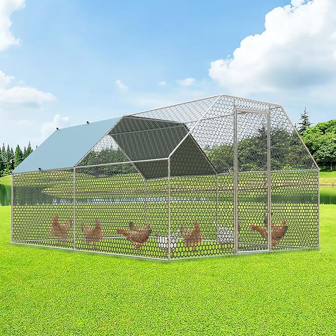 4ever2buy Chicken Runs for Yard with Cover, Large Metal Chicken Run Walk in Metal, Outside Dog Kennel with Roof, Flat Roofed Outdoor Kennel for Cats(9.2’Lx12.47’Wx6.4’H)-VerdiqueGarden