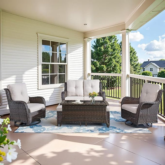 Wicker Outdoor Furniture Patio Furniture Set - 6 Piece Patio Conversation Set with Swivel Rocker Chairs, Loveseat Sofa, Ottomans and Coffee Table, Beige Cushion-VerdiqueGarden