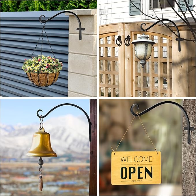 HOOPLE Plant Hangers Outdoor Heavy Duty 4 Pack, Cast Iron Bird Feeder Hanger, Metal Black Plant Brackets Hook for Hanging Flower Baskets, Elegant Design, Large Bearing Capacity-VerdiqueGarden