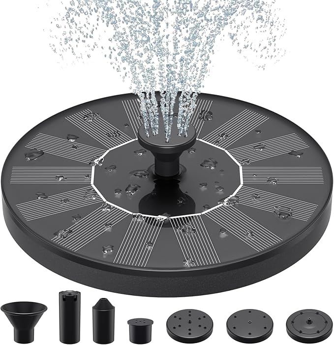 Solar Fountains,Solar Water Fountain,Solar Powered Bird Bath Fountain with 6 Nozzles - Free Standing Floating Solar Water Fountain for Bird Bath, Garden, Pond, Pool (Black-1.4W)-VerdiqueGarden