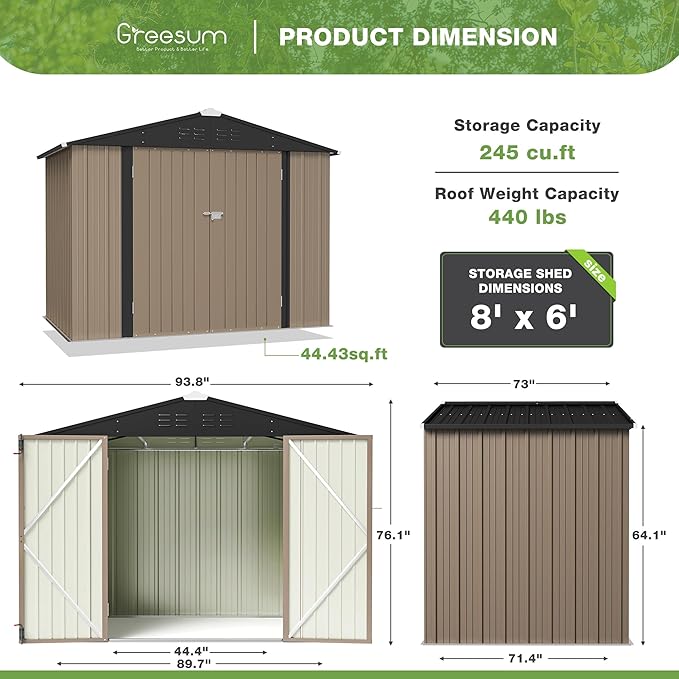 Greesum Outdoor Storage Shed 6 x 8 ft. Utility Tool Shed Metal Storage Garden Shed with Door & Lock for Patio Storage, Brown-VerdiqueGarden