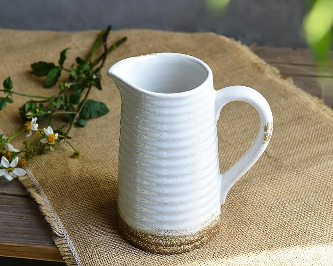 Quoowiit Ceramic Rustic Vase with Handle, White Distressed Decorative Farmhouse Pitcher Vase for Home Decor Living Room Bedroom Kitchen Office Shelf Decor Centerpiece Table Decoration-VerdiqueGarden