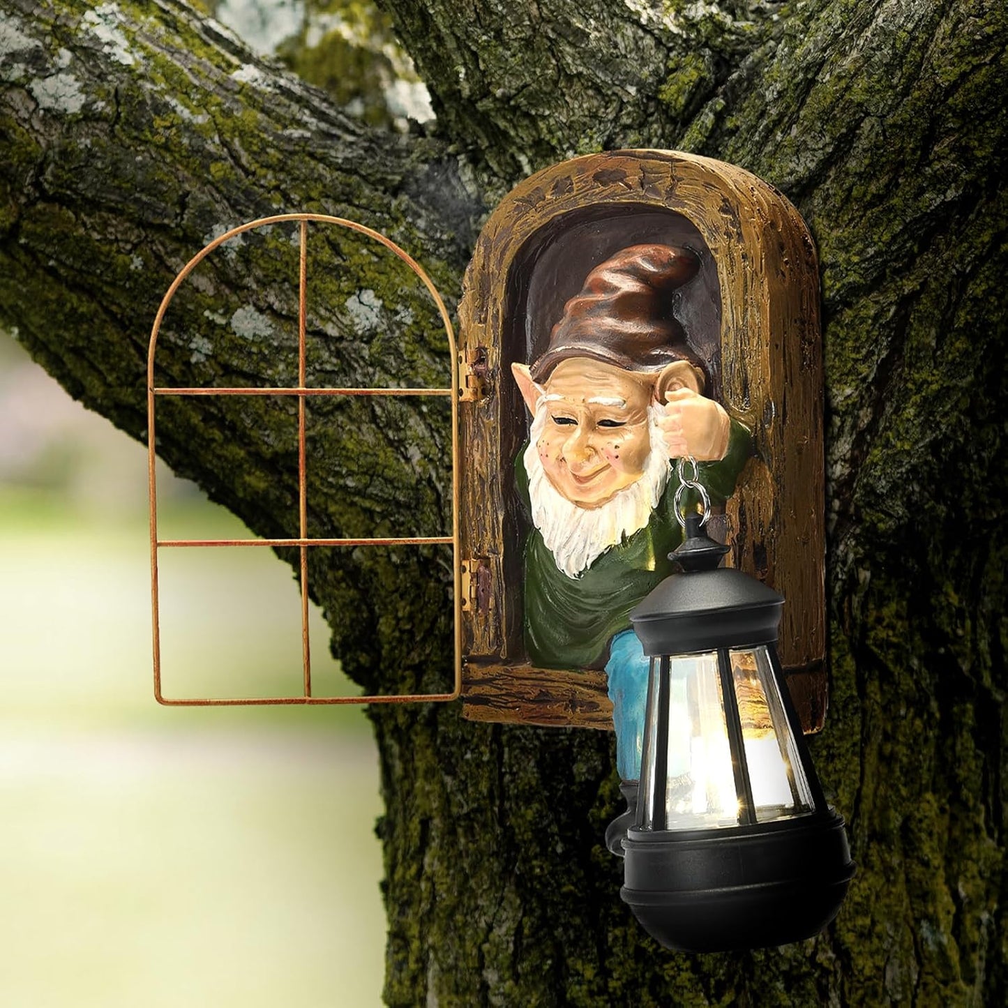 Garden Gnome Decor Outdoor Statue - Gnome With Solar Waterproof Lantern, Whimsical Elf Out The Door Tree Hugger Garden Statues, Home, Fence, Patio, Resin Ornament, Gardening Gift Tree Faces Gnomes-VerdiqueGarden