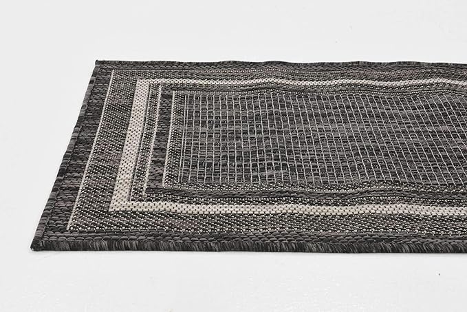 Unique Loom Outdoor Border Collection Area Rug - Soft Border (2' x 6' 1" Runner, Black/ Ivory)-VerdiqueGarden