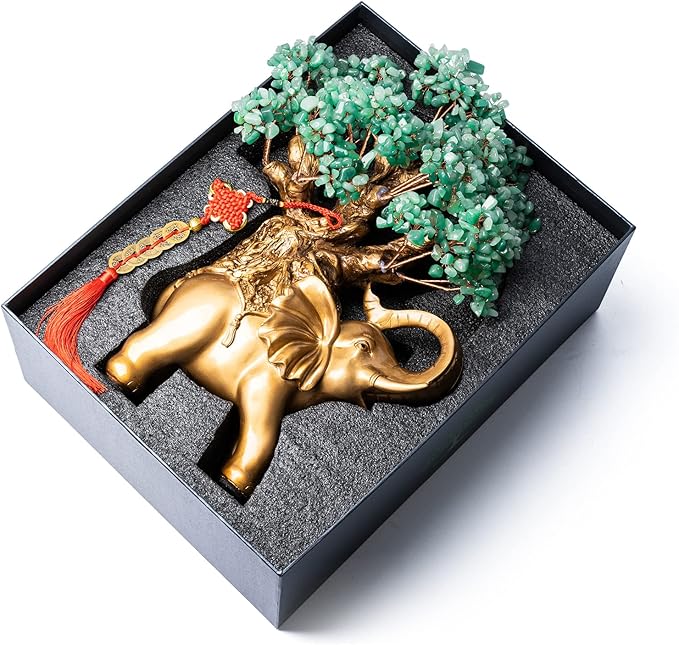 Green Aventurine Crystal Money Tree on Gold Elephant Statue, 17”Large Gemstone Bonsai Tree of Life Home Décor Gifts for Wealth Positive Energy, Feng Shui Décor-VerdiqueGarden