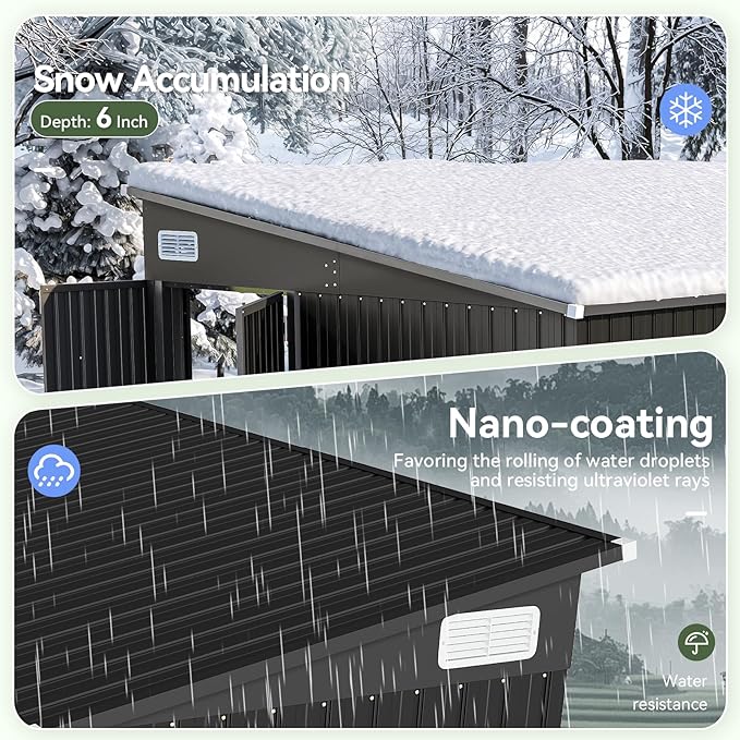 Aoxun 12' x 7.3' Shed 441 CU.FT Outdoor Waterproof Storage Shed with Triple Lockable Door Garden Metal Tool Shed for Outside (Black)-VerdiqueGarden