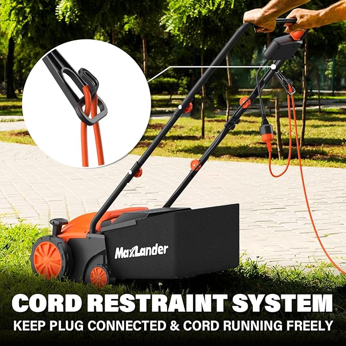 MAXLANDER Electric Dethatcher and Scarifier, 13” 12Amp 2-in-1 Lawn Dethatcher with 4-Position Depth Adjustment, 30L Removable Collection Bag, Airboost Technology Increases Lawn Health-VerdiqueGarden