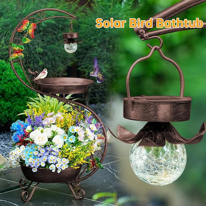 Bird Bath for Outside with Solar Lamp, 36" Birdbaths for Outdoors with Planter Flower Pot, Metal Bird Bath Bowl for Garden Yard Decor (All Vintage Brown)-VerdiqueGarden