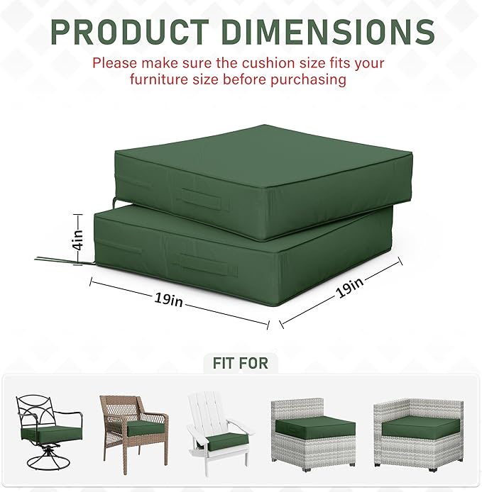 Patio Chair Cushions 19 X 19 X 4 Inch Waterproof Outdoor Seat Cushions for Patio Furniture, Outdoor Sofa Couch Pads with Ties & Handle, Set of 2, Green-VerdiqueGarden