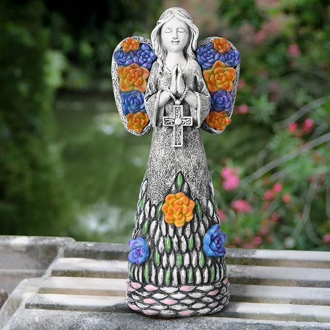 Yiosax-Garden Angels Outdoor Statue-Solar Lights Decor - Solar Angels for Cemetery Grave Cross Praying Succulent Wings Remembrance Angel Figurine Lawn Yard Decorations, White, Yiosax-Angel04-VerdiqueGarden
