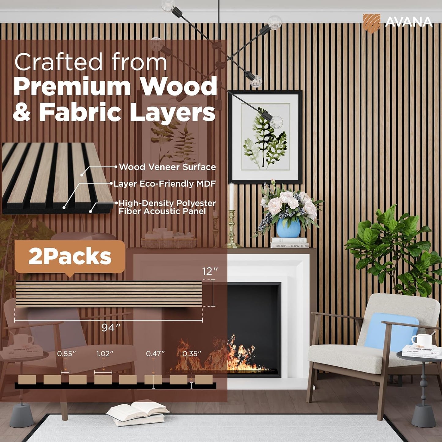 Avana Acoustic Wood Wall Panels – 94.4 X 12.6 Inch White Oak Acoustic Panels 2 PCs – Wall Panels For Interior Wall Decor For Homes, Offices, Studios – Sturdy And Durable Wood Panels For Wall-VerdiqueGarden