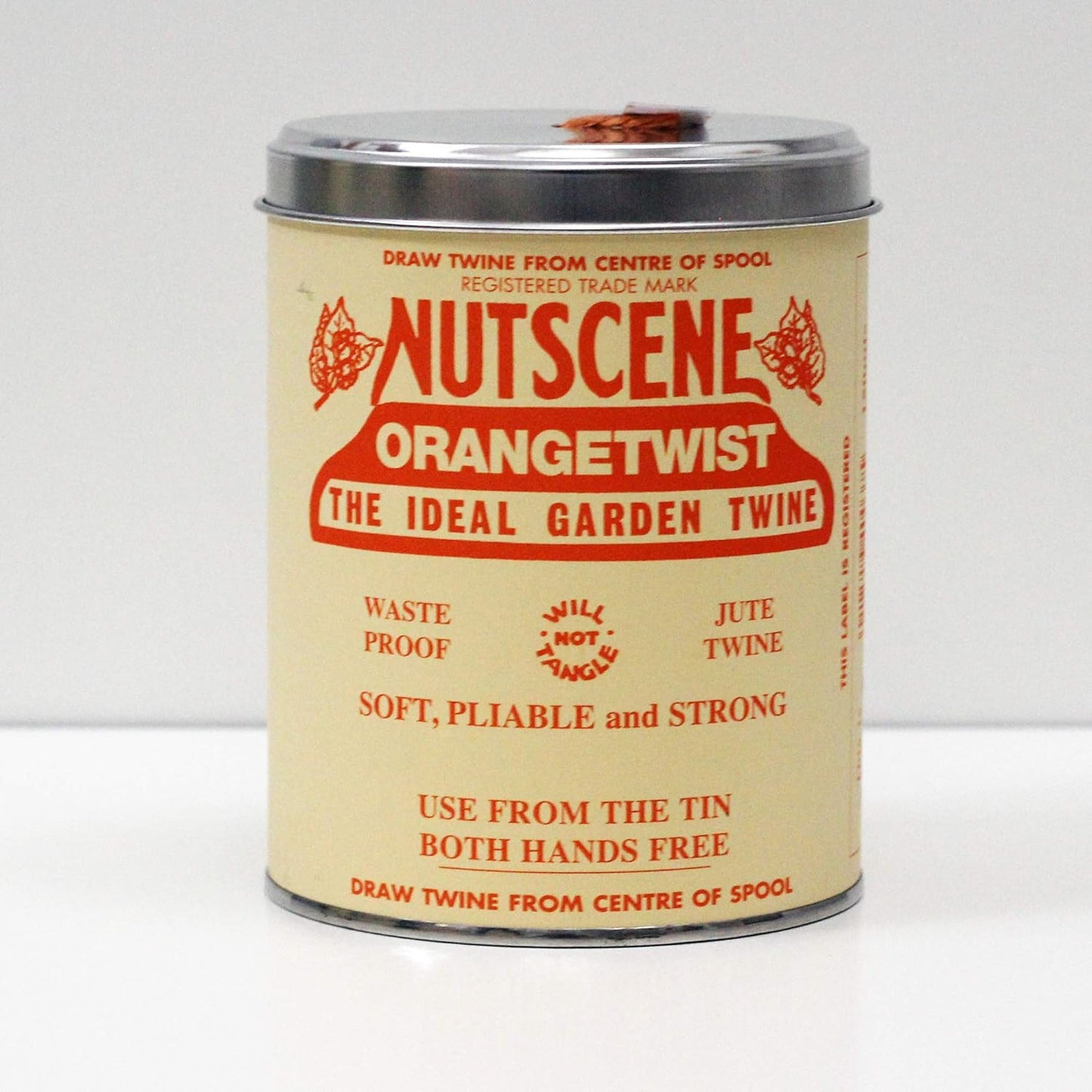 NUTSCENE Iconic Tin (Tin ‘O’ Twine) with Their Heritage Scottish Jute Twine and Hole in Top for Easy Dispensing. 14 Colors to Choose from. 164 Yards. (Orange)-VerdiqueGarden