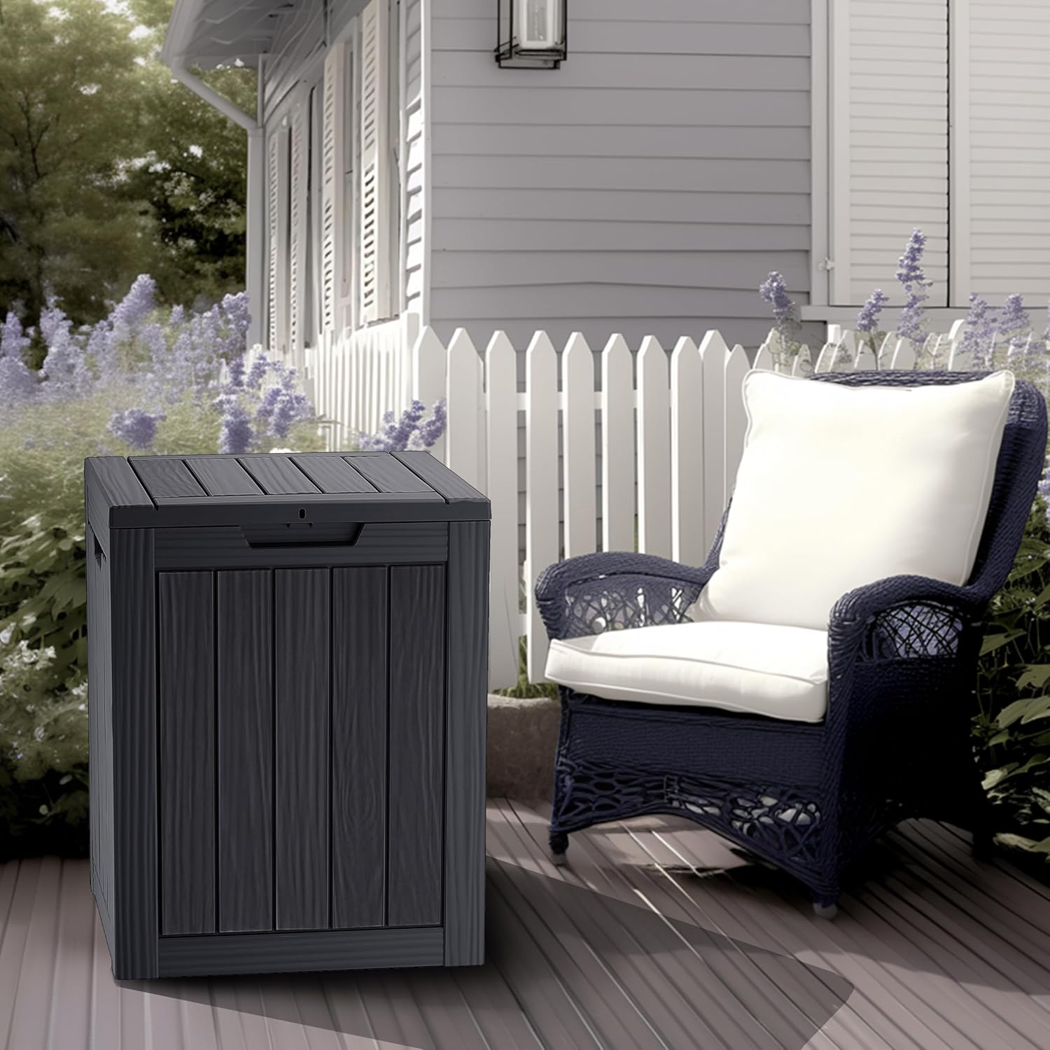 28 Gallon Double-Wall Resin Deck Box - Lockable Waterproof Outdoor Storage Box, 151lbs Capacity & Doubles as Seating for Patio Furniture - Garden Tools, Pool Accessories (Black)-VerdiqueGarden