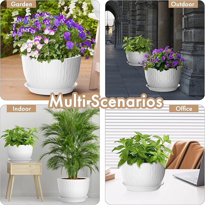 12 Inch Large Plant Pots for Indoor or Outdoor Plants, Wide Water Ripples Flower Pots with Drainage Holes & Saucer, Plastic Planters Set for Garden & Home Decor (White)-VerdiqueGarden