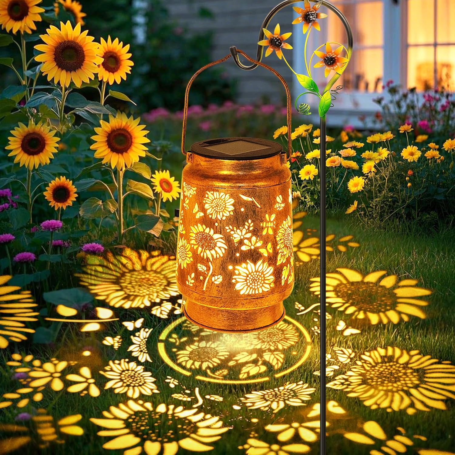 Sunflower Solar Lanterns Garden Decor, Birthday Gifts for Women Mom Grandma Metal Hanging Solar Lights Outdoor Waterproof LED Decoration with Shepherd Hook Outside for Garden Yard Patio Fall Decor-VerdiqueGarden