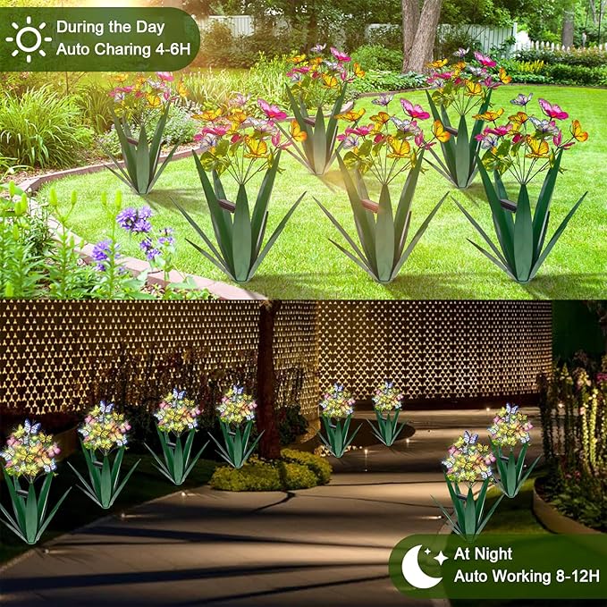 Homight Solar Metal Agave Butterfly Flower Stick Garden Sculpture - Outdoor Christmas Lights With Swaying Butterfly Sunflower - Solar Outdoor Gift (3 PCS Green)-VerdiqueGarden