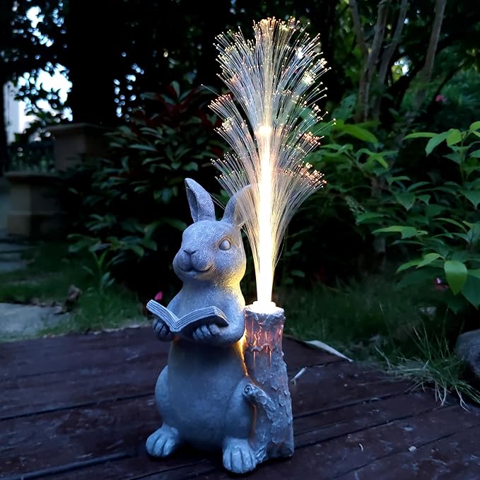 Rabbit Solar Garden Statues,Resin Rabbit Figurine Reading a Book and 7-Color Changing Optical Fiber with Solar Lights, Lawn Decor Outdoor Statue for Patio,Balcony,Yard,Lawn Ornament-VerdiqueGarden