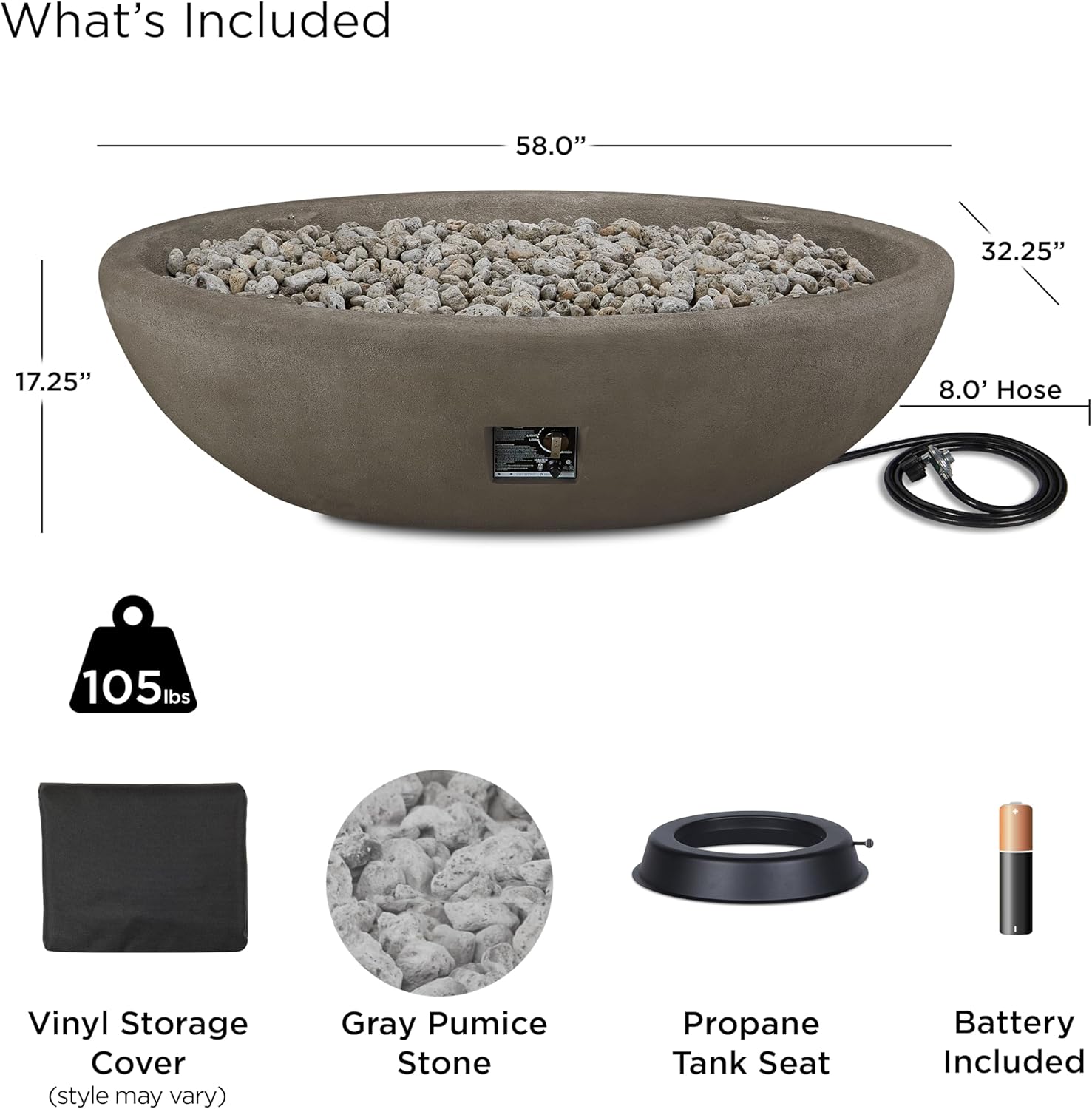 Real Flame Riverside 58" Oval Propane Fire Pit Bowl, Push-Button Ignition, Includes 28" Stainless Steel Burner, Lightweight 50,000 BTUs of Heat - Adjustable Flame Height-VerdiqueGarden