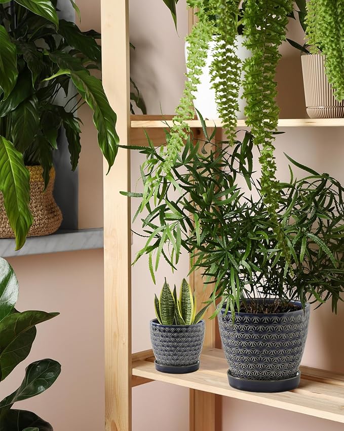 Plant Pots, Flower Pots, Planters for Indoor Plants(6.5+5.5inch), Flower Pots for Indoor Plants with Drainage Hole and Saucer, Ceramic Pots for Plants with Hole Mesh Pad,Reactive Glaze Blue-VerdiqueGarden