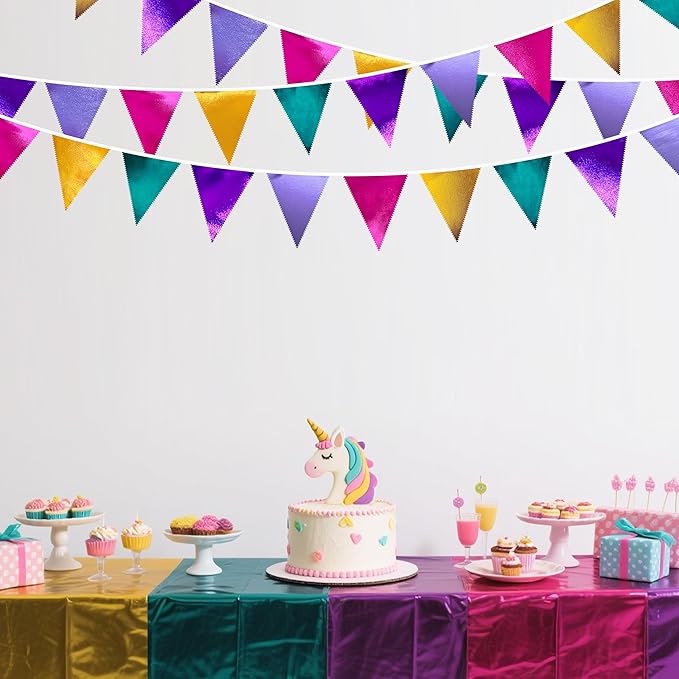 Colorful Party Decorations Hot Pink Teal Purple Metallic Fabric Triangle Pennant Banner Flag Bunting for Fiesta Carnival Rainbow Multi-color Birthday Wedding Baby Shower Holiday Outdoor Party Supplies-VerdiqueGarden