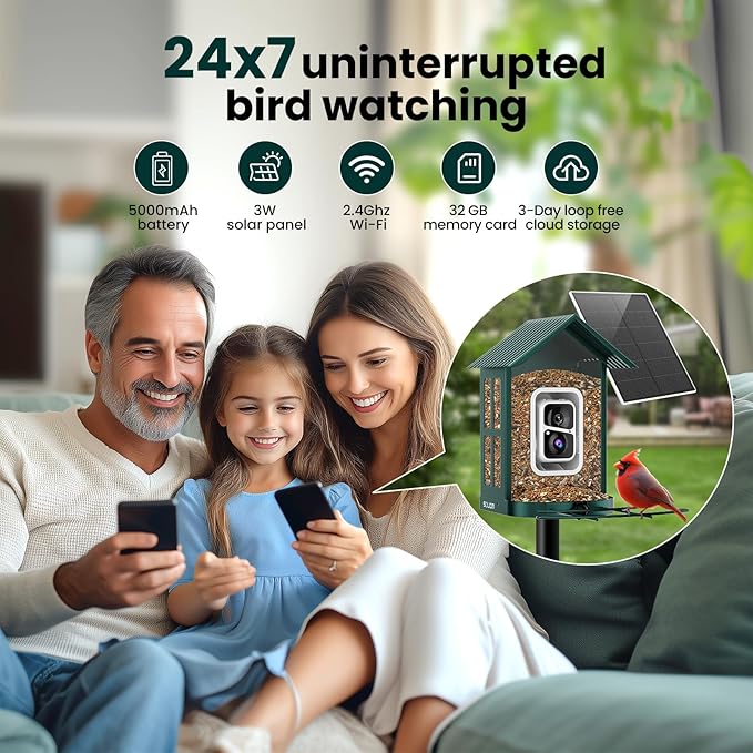 SOLIOM Solar Bird Feeder with Camera for Outdoors - AI Smart Birdhouse, 2K Live View & Instant Alerts, Squirrel Proof - Perfect Bird Watching Gift (Green)-VerdiqueGarden