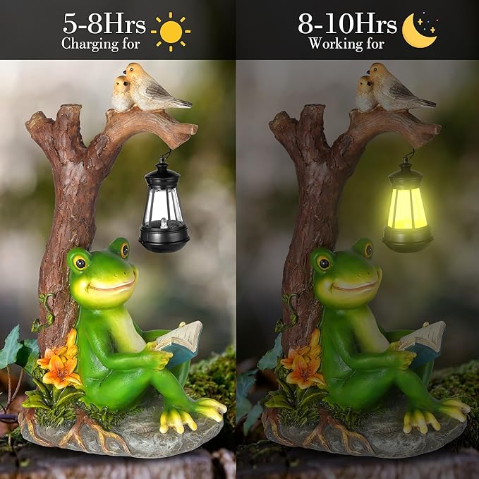 Outdoor Funny Frog Statue, Resin Reading Frogs Garden Decor, Solar Frog Gift Sculpture Decoration for Home Patio, Yard, Lawn, Porch, Ornament-VerdiqueGarden