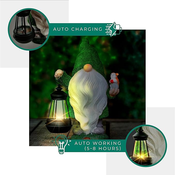 Garden Gnome with Squirrel 11.8, Gnomes with Solar Lantern, Garden Statues Outdoor Clearance, Garden Gnomes Outdoor Funny for Patio Decor, Fall Gnomes-VerdiqueGarden