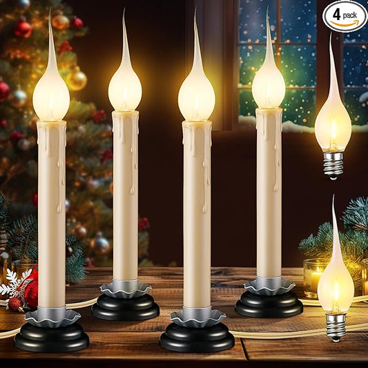 Enhon 4 Pack Rustic Country Candle Lights with Replacement Silicone Bulb, C7 0.6W Electric LED Christmas Window Candles Plug in, UL Certification Warm White Candlestick Lamp, 5 FT Cord, On/Off Switch-VerdiqueGarden