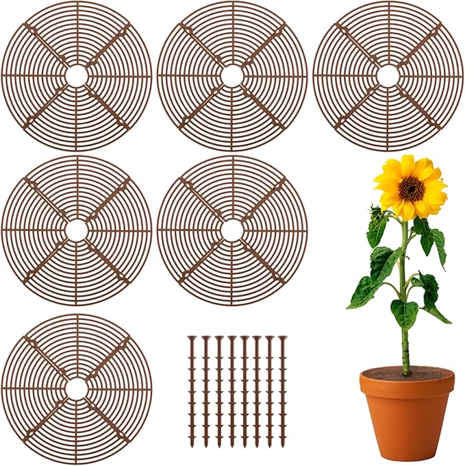 6 Pcs Plant Pot Grid Cover Protectors from Animals- Diameter 11.8" Cuttable Flower Pot Cover with 48 Stakes, Keep Cats Out of Potted Plants, Cat Digging Stopper Baby Safety Soil Cover for Indoor-VerdiqueGarden