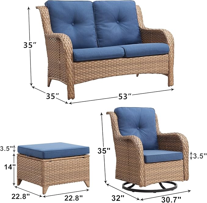 Outdoor Wicker Patio Furniture Set - 5 Piece Rattan Patio Conversation Set with 2 Rocking Swivel Chairs,2 Ottomans and 1 Loveseat for Porch Deck Backyard Garden(Yellow/Blue)-VerdiqueGarden