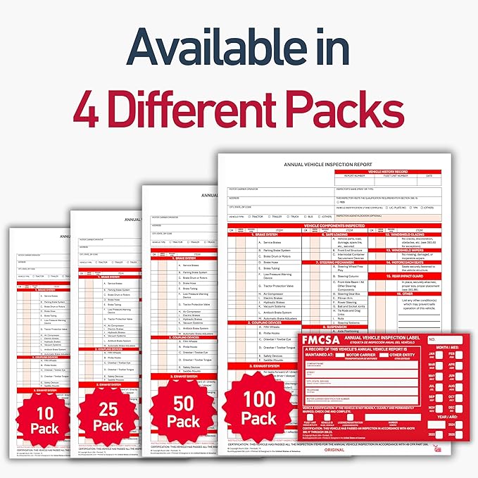 50 Pack 3-Ply Carbonless Annual Vehicle Inspection Report Forms with FMCSA Red Aluminum Adhesive Labels, DOT Inspection Forms and Stickers, Shrink-Wrapped, 8.5" x 11.75" - Made in USA-VerdiqueGarden