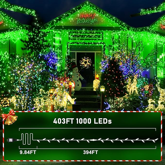 KNONEW 403ft 1000 LED Christmas String Lights Outdoor 8 Modes & Timer Fairy Light Plug in Waterproof LED Fairy Lights for Xmas Yard Tree Wedding Party Holiday Decorations (Green)-VerdiqueGarden