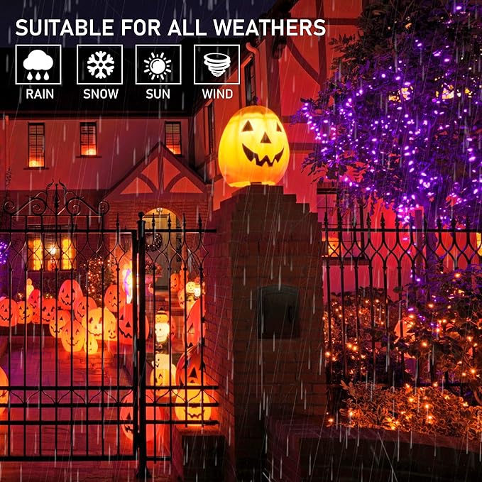 weillsnow Purple&Orange Halloween Lights, 200 LED 66Ft Plug in Waterproof Halloween String Lights, 8 Modes with Memory for Outdoor Indoor Garden Halloween Christmas Decorations (Orange&Purple, 66FT)-VerdiqueGarden