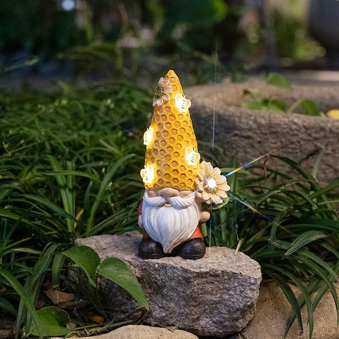 Garden Gnome Statue Solar Powered with Glowing Bees Sunflower Outdoor Funny Resin Figurine Decorations for Patio Yard Lawn Porch Housewarming Ornament Gift-VerdiqueGarden