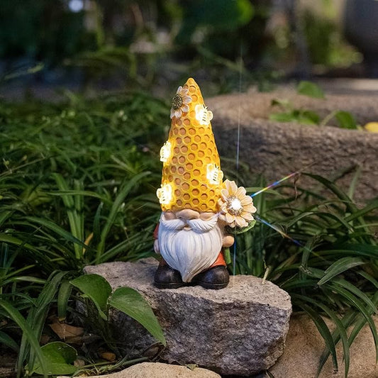 Garden Gnome Statue Solar Powered with Glowing Bees Sunflower Outdoor Funny Resin Figurine Decorations for Patio Yard Lawn Porch Housewarming Ornament Gift-VerdiqueGarden