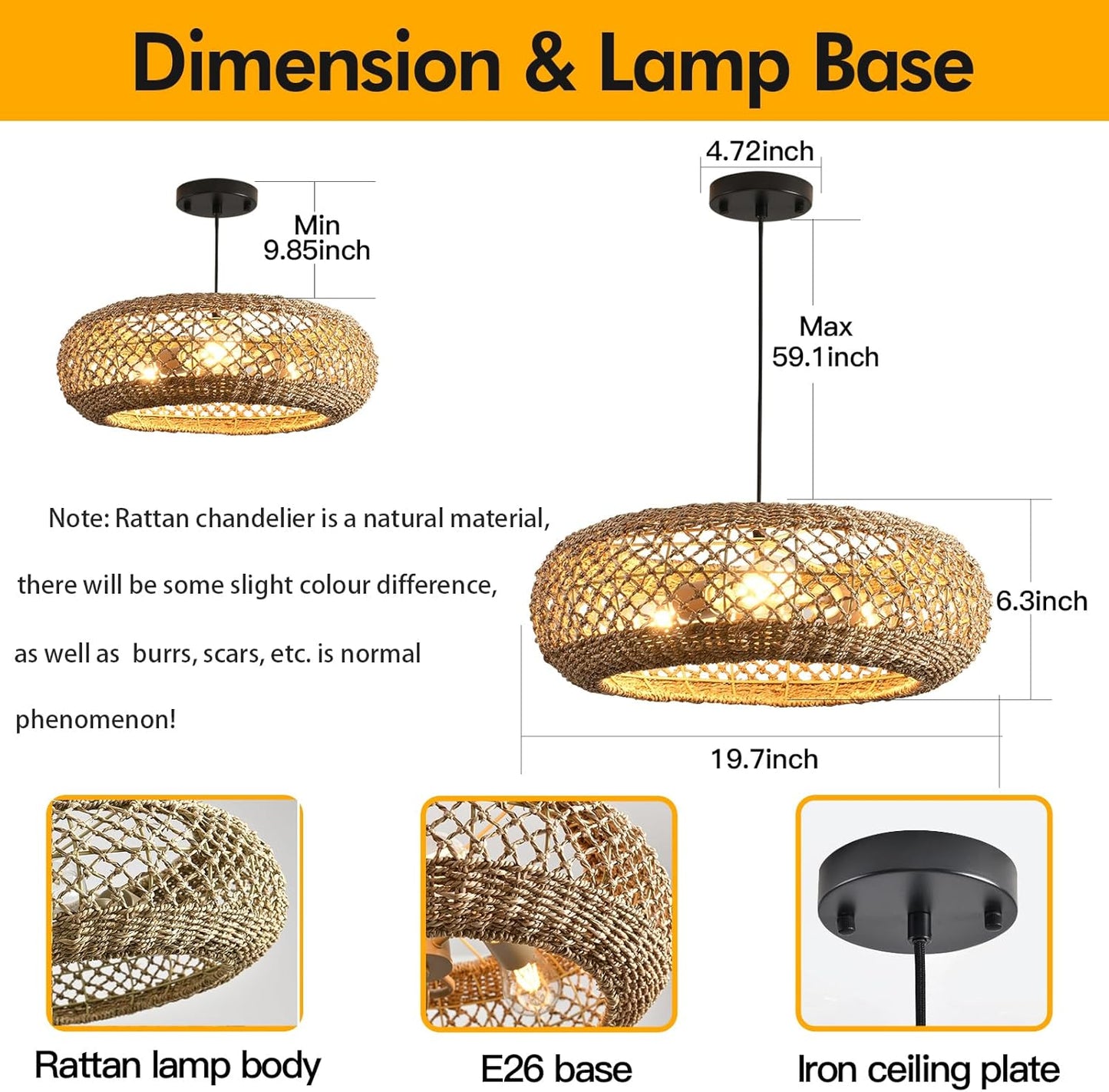 20.1" Large Rattan Chandelier, 3 Light Hanging Light, Boho Wicker Pendant Lighting, for Kitchen Island, Bedroom, Dining Room, Entryway, Foyer-VerdiqueGarden