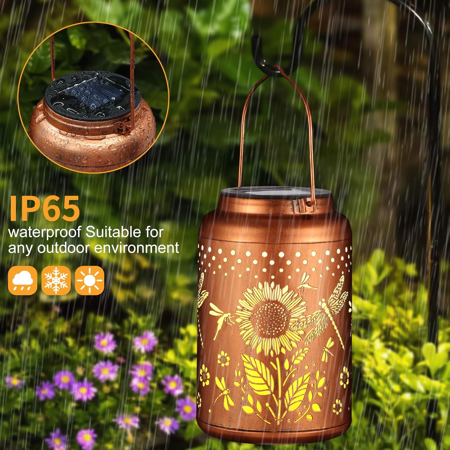 2 Pack Solar Lanterns Outdoor Waterproof, Dragonflies Garden Decor Gifts for Women Mom Grandma Hanging Solar Lights Metal Decoration Outside for Yard, Pati(Sunflowers)-VerdiqueGarden