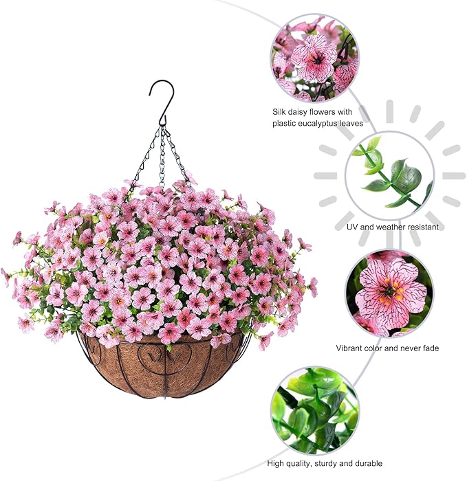 Artificial Fake Hanging Plants Flowers with Basket Outdoor Spring Decor, Faux Silk Pink Daisy in Pot Planter Realistic UV Resistant for Porch Home Indoor Patio Balcony Garden Yard-VerdiqueGarden