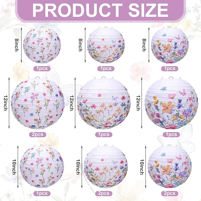 Riakrum 12 Pcs Wildflower Paper Lantern Set Floral Party Decorations Flower Paper Round Lanterns Wildflower Lantern Kit for Spring Baby Shower Bridal Shower Wedding Birthday Tea Party Supplies-VerdiqueGarden