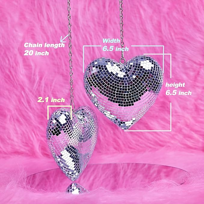 Disco Balls 2 Pack Silver Heart-Shaped Stage Mirror Balls Hanging Decor for Party, Room, Wedding, Garden, Retro Reflective Disco Ball Handmade Gifts (6.3 inch)-VerdiqueGarden