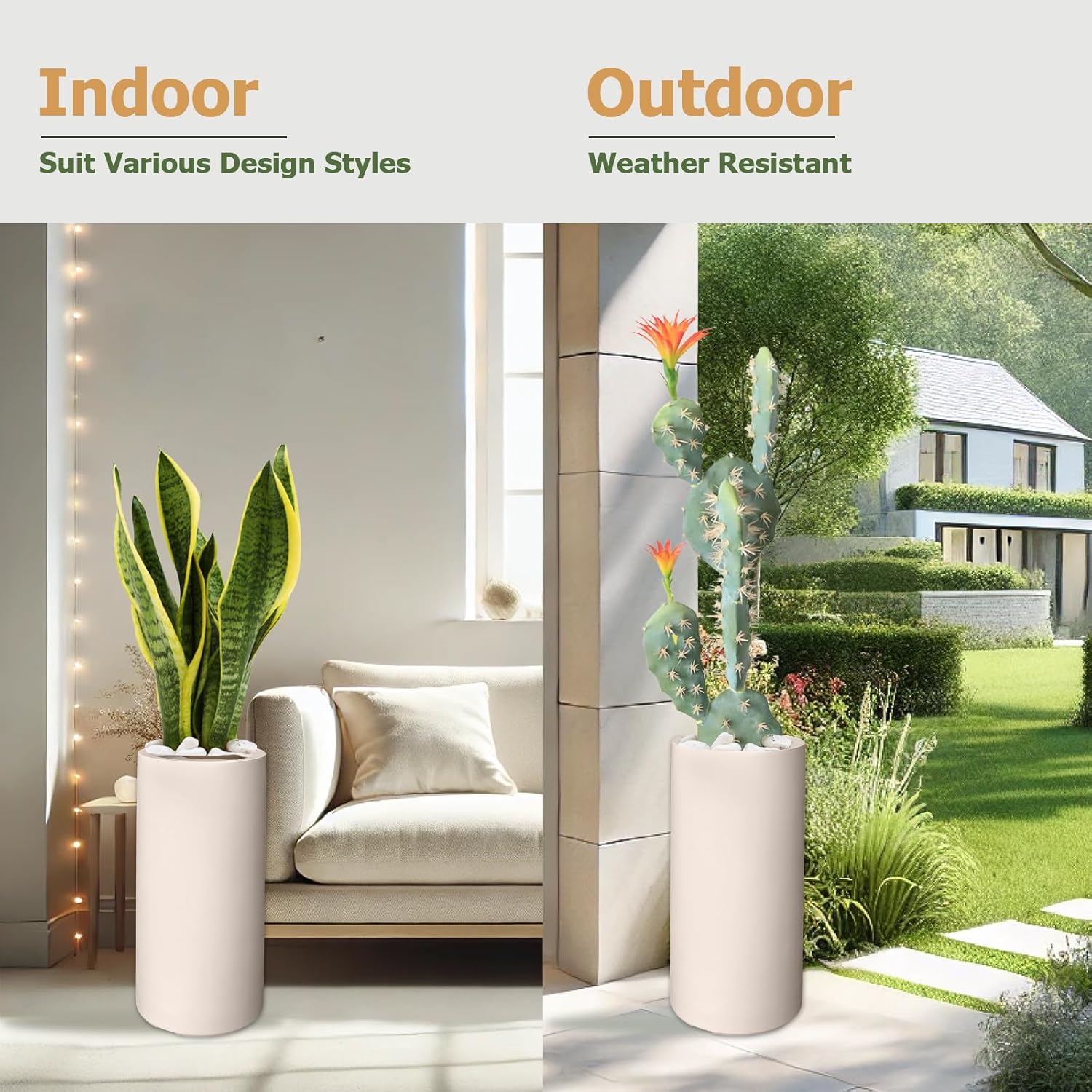 19.5" H x 9.8" D Tubo Fiberstone Cylinder Tall Planter with Drainage Hole, Smooth Finishes, for Indoor and Outdoor Use, Included 2 Extra Coco Mats (Kilim Beige, 8.2" Pot Opening)-VerdiqueGarden