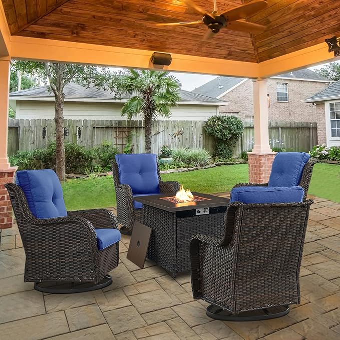 5 Pieces Patio Wicker Furniture Set - 4 Outdoor Swivel Rocker Glider Chairs with Propane Fire Pit Table, Warm Patio Conversation Set Blue Cushion Perfect for Casual Gathering-VerdiqueGarden
