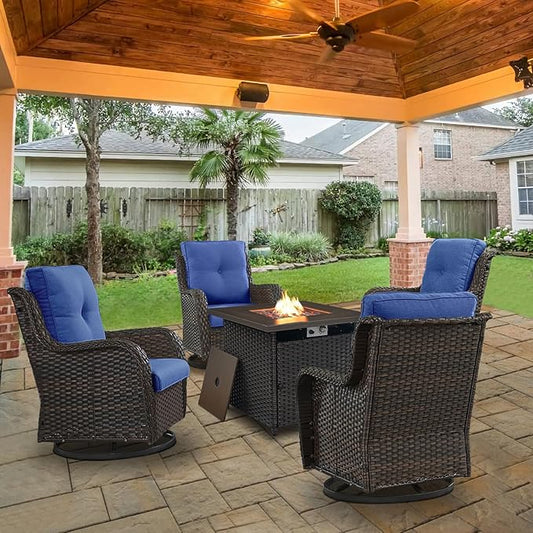 5 Pieces Patio Wicker Furniture Set - 4 Outdoor Swivel Rocker Glider Chairs with Propane Fire Pit Table, Warm Patio Conversation Set Blue Cushion Perfect for Casual Gathering-VerdiqueGarden