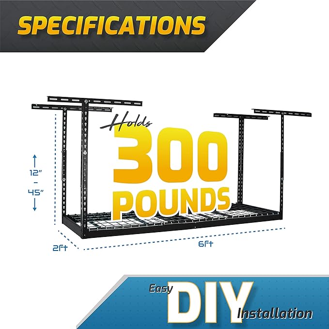 MonsterRAX - 2x6 Overhead Storage Rack (Hammertone, 18"-33" Ceiling Drop Down)-VerdiqueGarden
